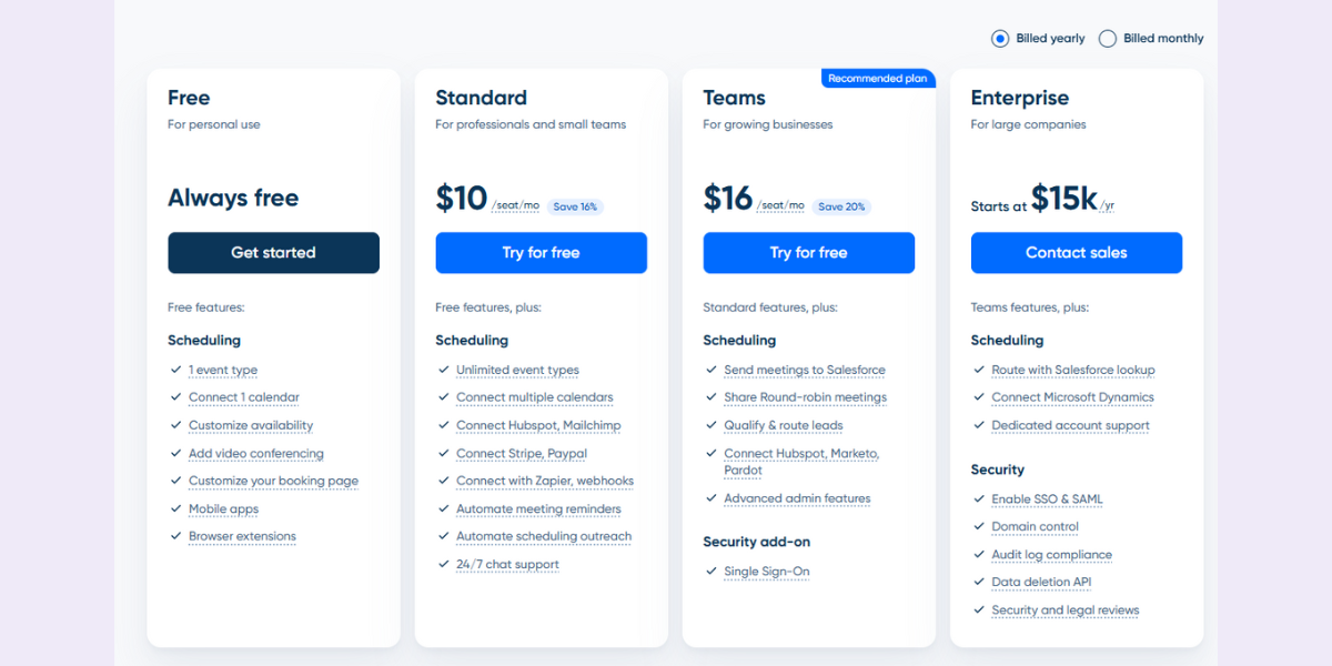 Calendly pricing page screenshot free plan vs paid plans